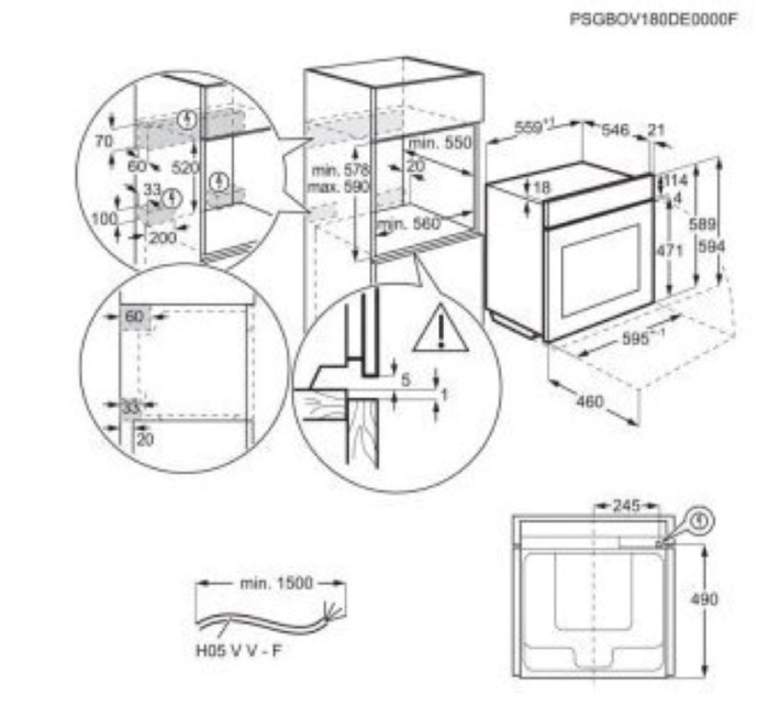 Diagram z wymiarami piekarnika do zabudowy, z wieloma widokami.