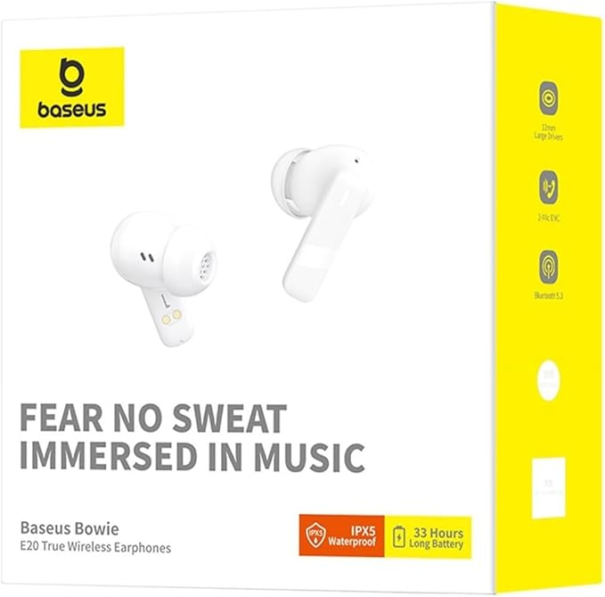 Baseus kulaklıkların beyaz kutusu. Metin: 'FEAR NO SWEAT IMMERSED IN MUSIC' ve 'IPX5 Waterproof'.