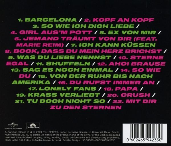 Albumcover mit Text. Schwarzer Hintergrund mit rosa und grünem Text. Songtitel und Interpreten.