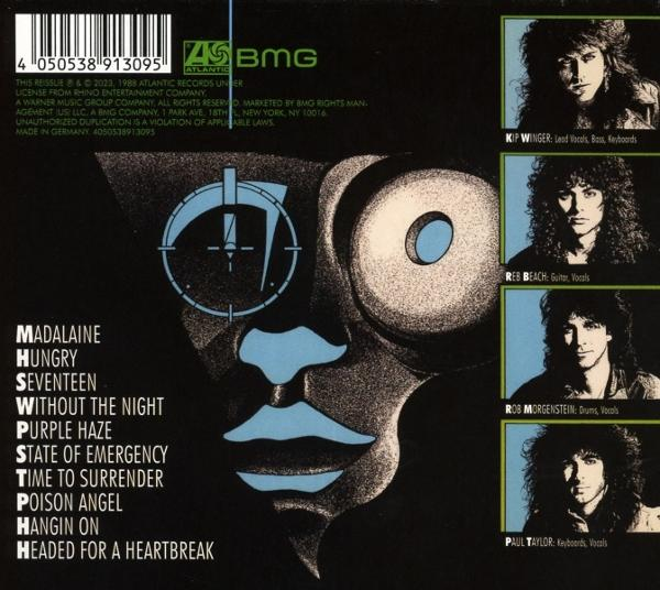 Albumcover mit Gesichtsillustration, Bandnamen und Songtiteln. Atlantic, BMG und Bandmitgliederfotos.