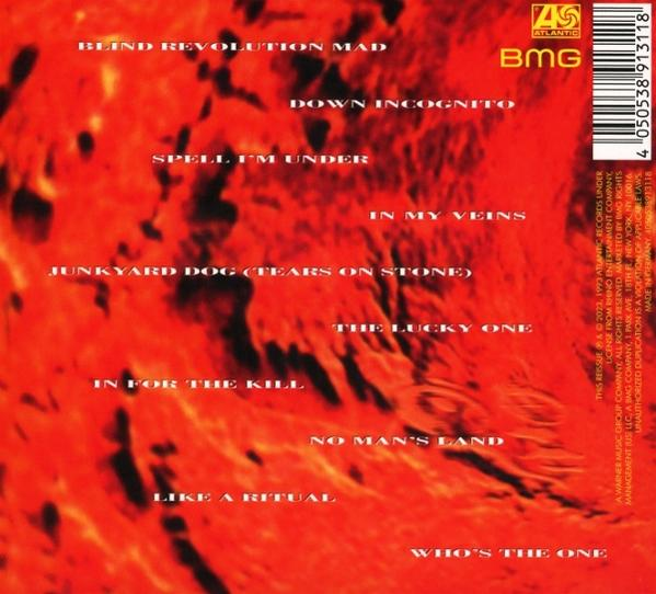 Album-Rückseite mit Trackliste in rotem Text.