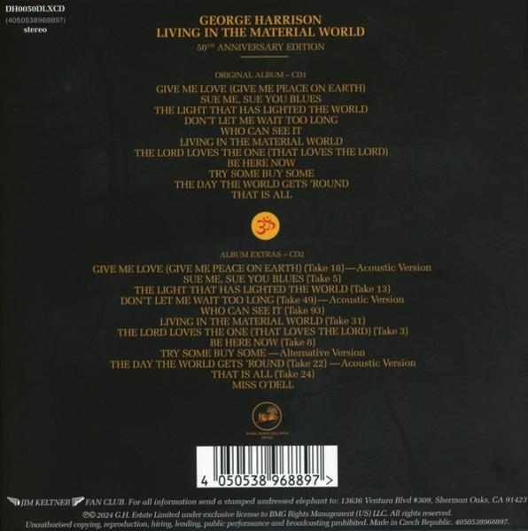 Albumcover für George Harrisons Living in the Material World mit Titeln und Albumdetails.