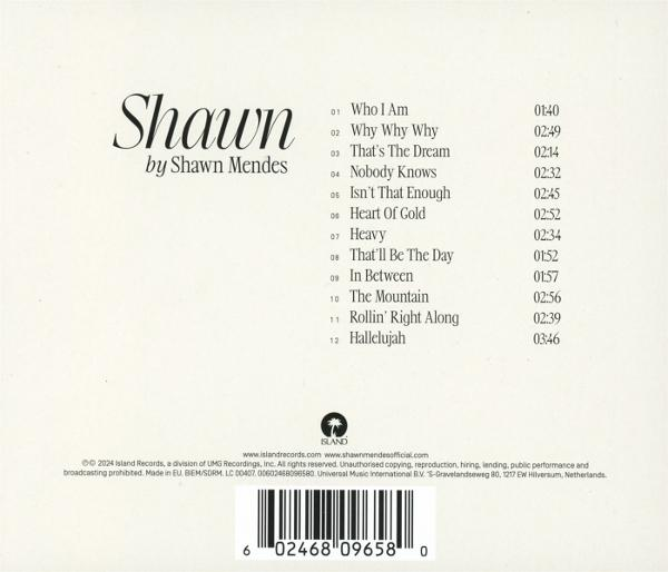 Rückseite einer Shawn Mendes CD, Trackliste und Credits, weißer Hintergrund.