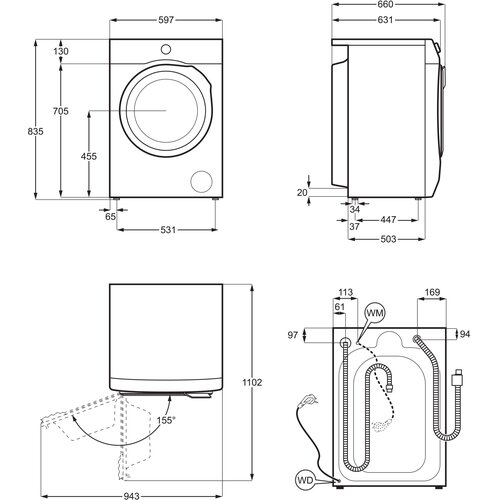Schemat pralki z wymiarami i kątami w rysunku technicznym.