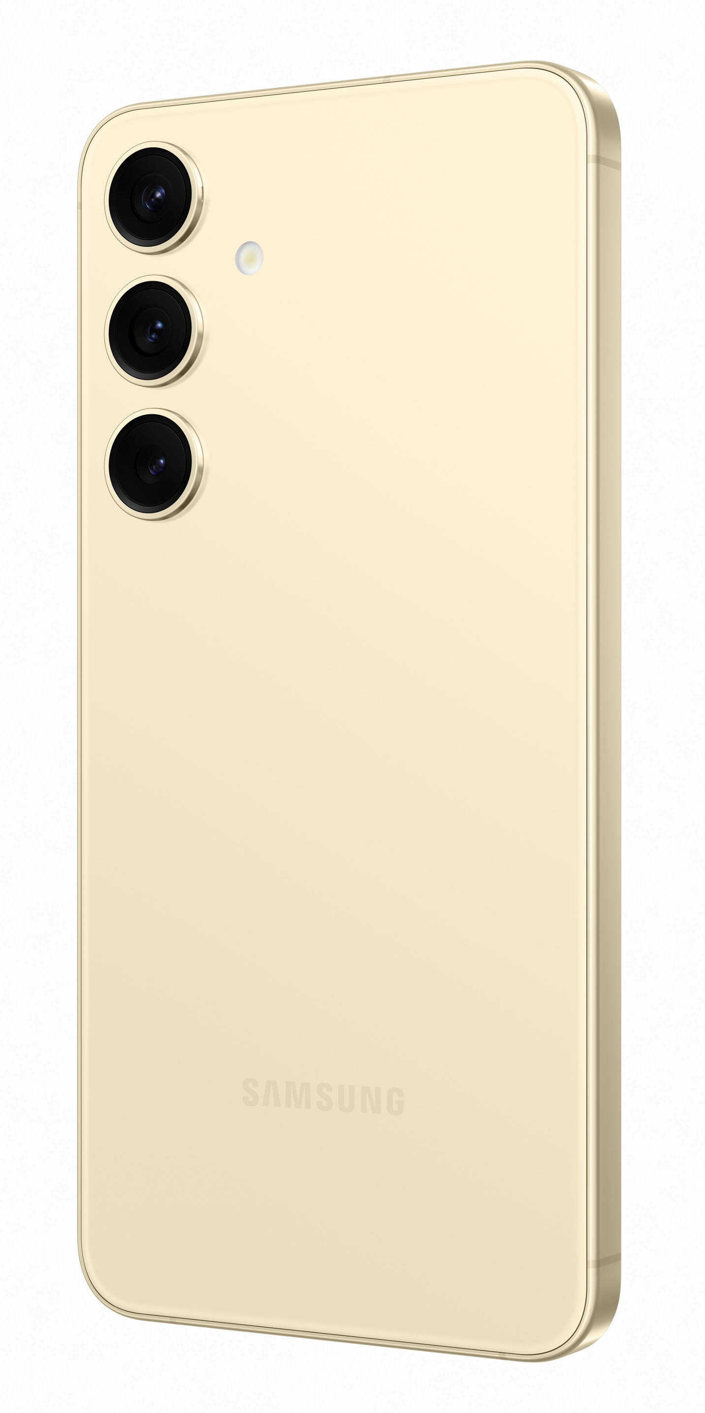 Złoty telefon z trzema tylnymi aparatami. Białe tło.