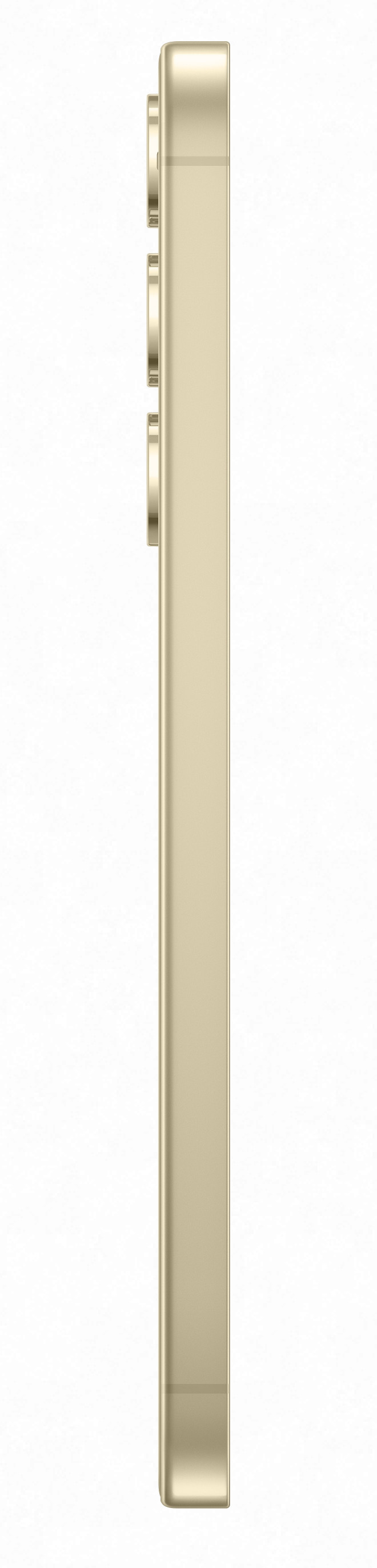 Złoty iPhone stoi pionowo na białym tle, prezentując swój profil boczny.
