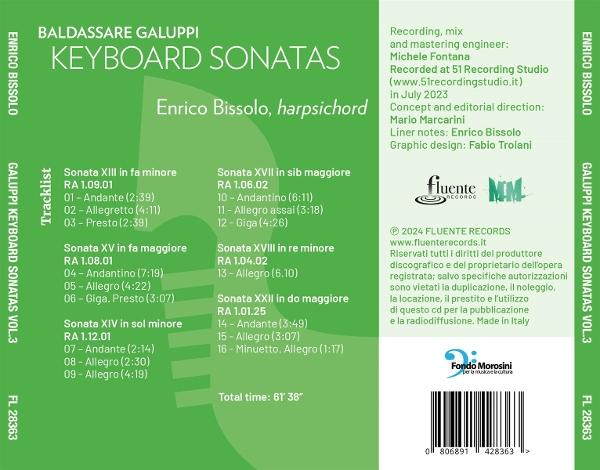 CD-Cover mit Baldassare Galuppis Keyboard Sonaten. Grüner Hintergrund und Trackliste.