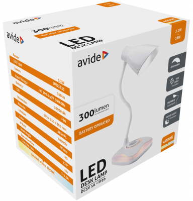 Fehér LED-es asztali lámpa dobozban, szöveggel és grafikákkal, melyek a lámpa jellemzőit írják le.