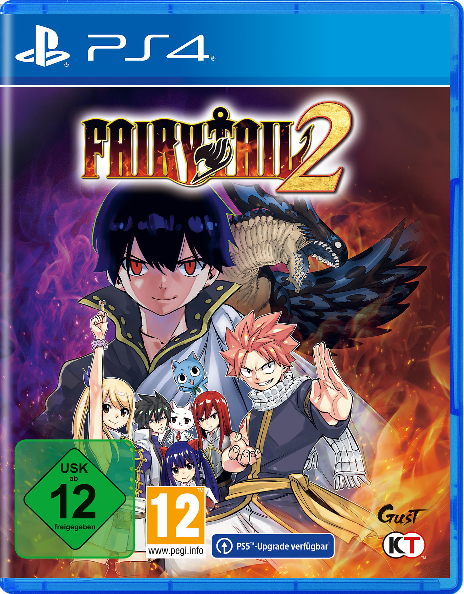 PlayStation 4 Spielbox: Fairy Tail 2. Charaktere vor einem feurigen Hintergrund.