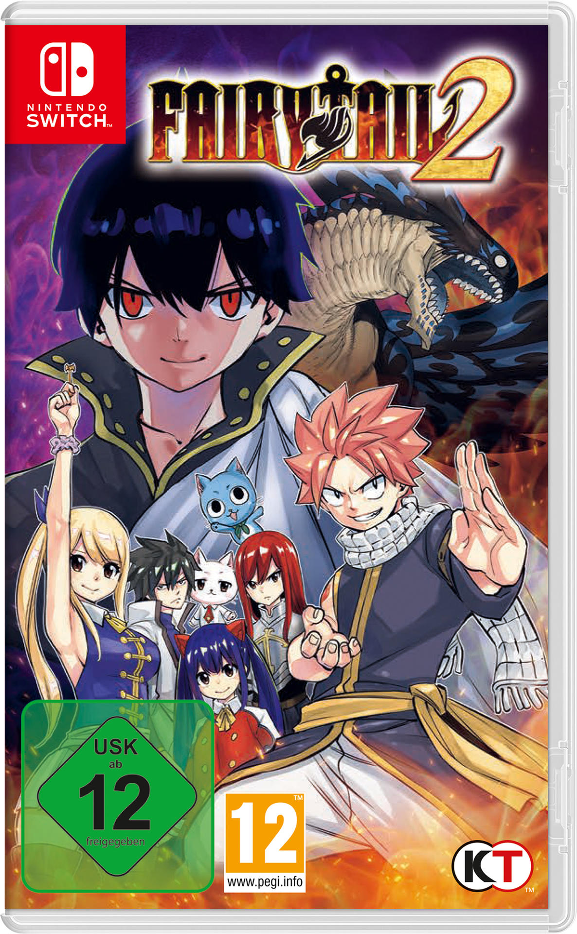 Fairy Tail 2 Spiel-Box-Art mit Anime-Charakteren und einem Drachen.