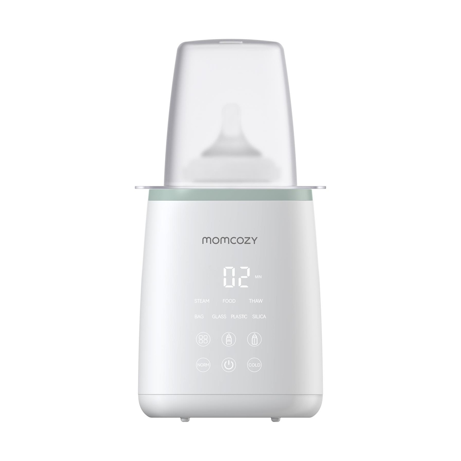 Uno scaldabiberon Momcozy bianco con un biberon e un coperchio trasparente. Ha un display digitale.