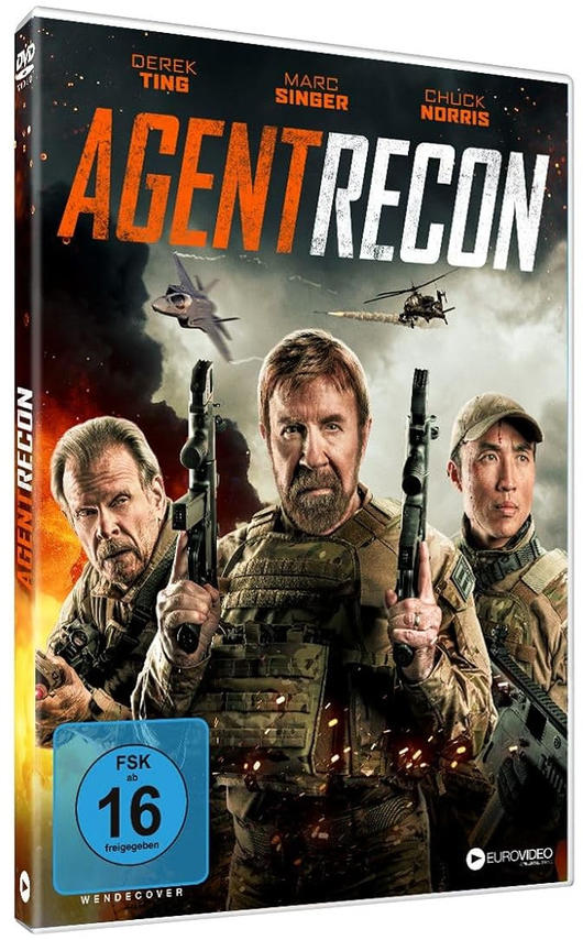 DVD-Cover für Agent Recon. Schauspieler halten Waffen, Filmtitel und Bild von Flugzeugen und einem Hubschrauber.