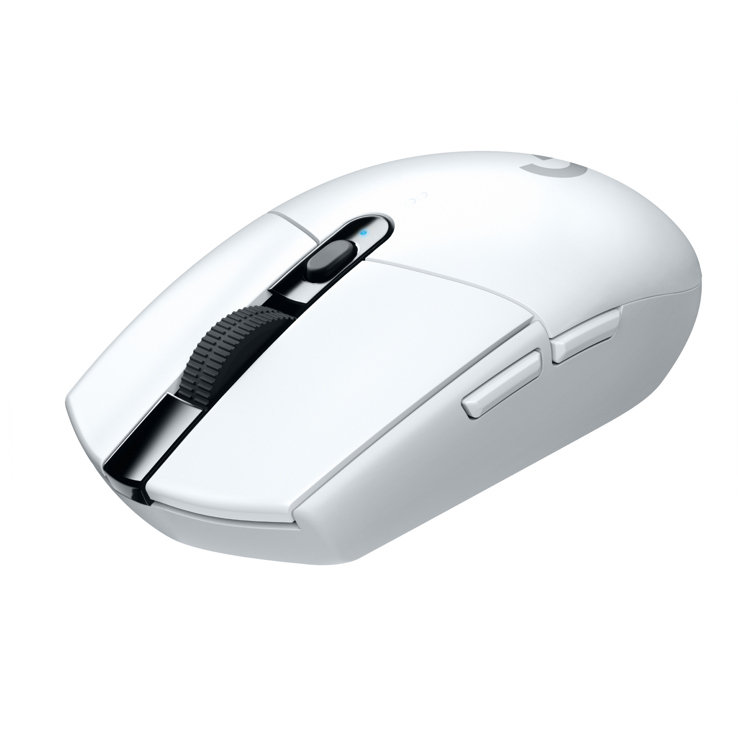 Un ratón gaming Logitech blanco con rueda de desplazamiento y botones negros.