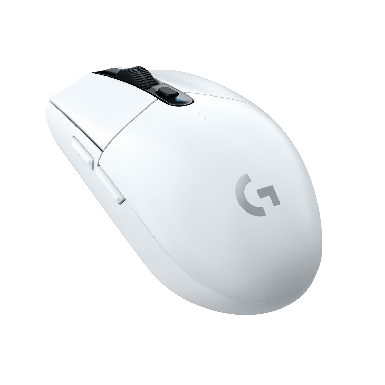 Un ratón inalámbrico para juegos Logitech blanco con una rueda de desplazamiento y dos botones laterales.