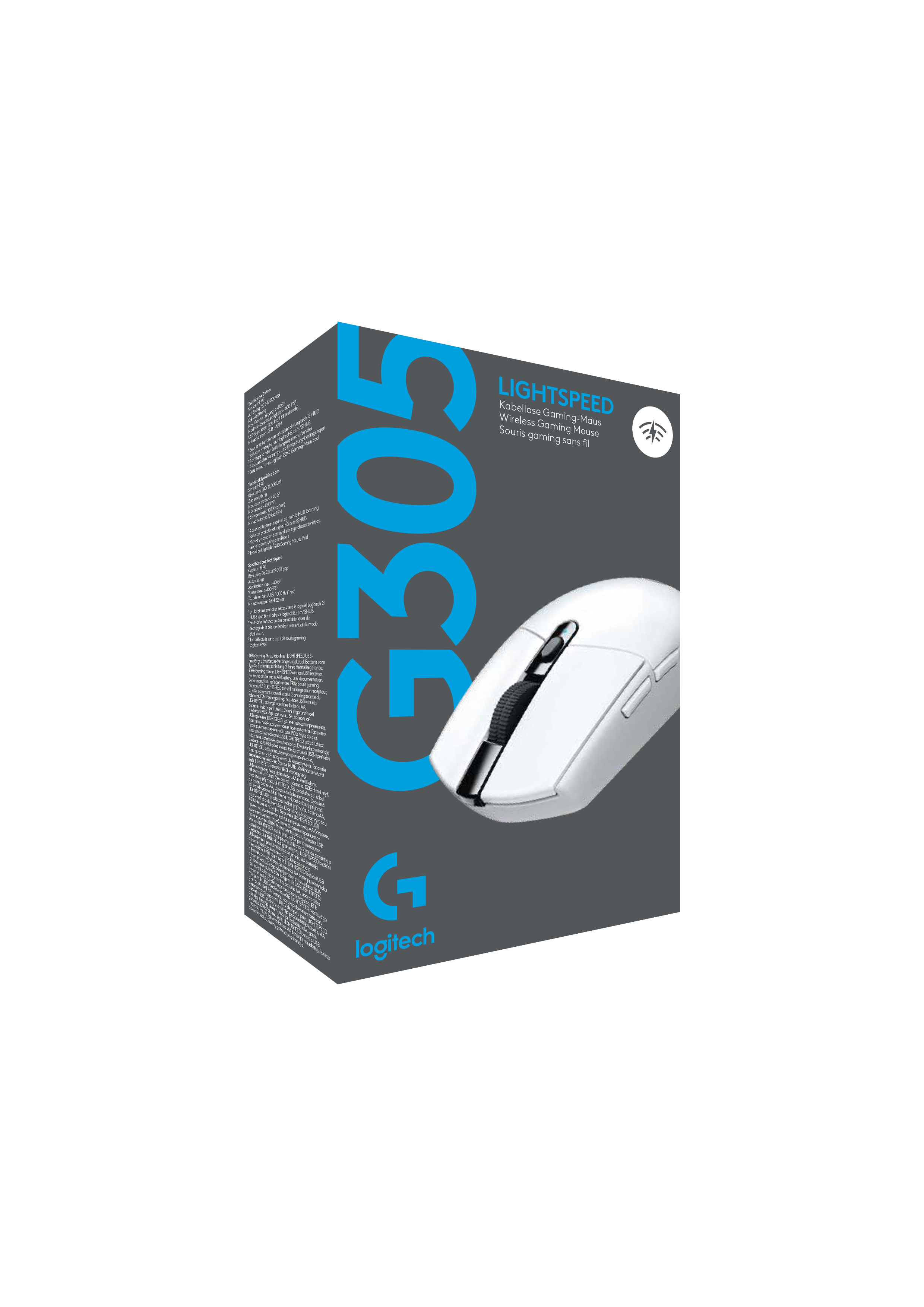 Ratón gaming inalámbrico Logitech G305 Lightspeed en una caja. El ratón es blanco.
