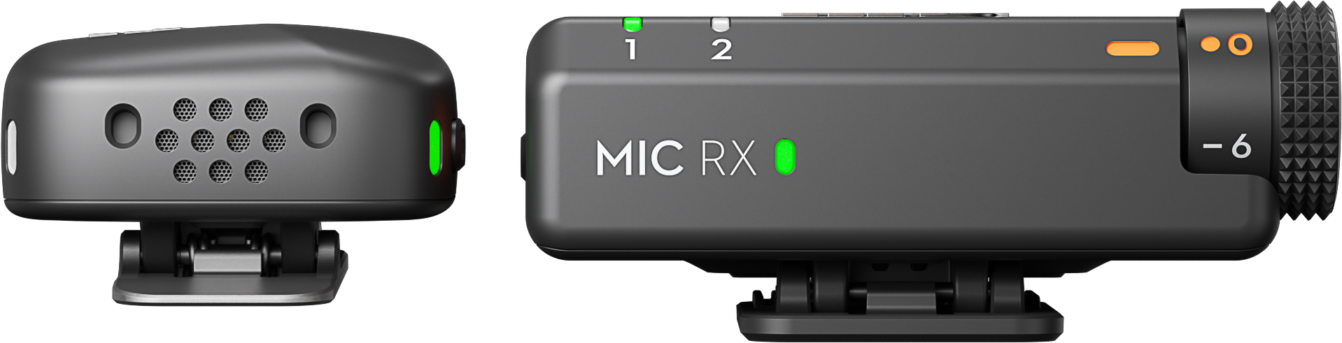 Deux appareils audio noirs, côte à côte. Comprend le récepteur MIC RX avec contrôle du volume.