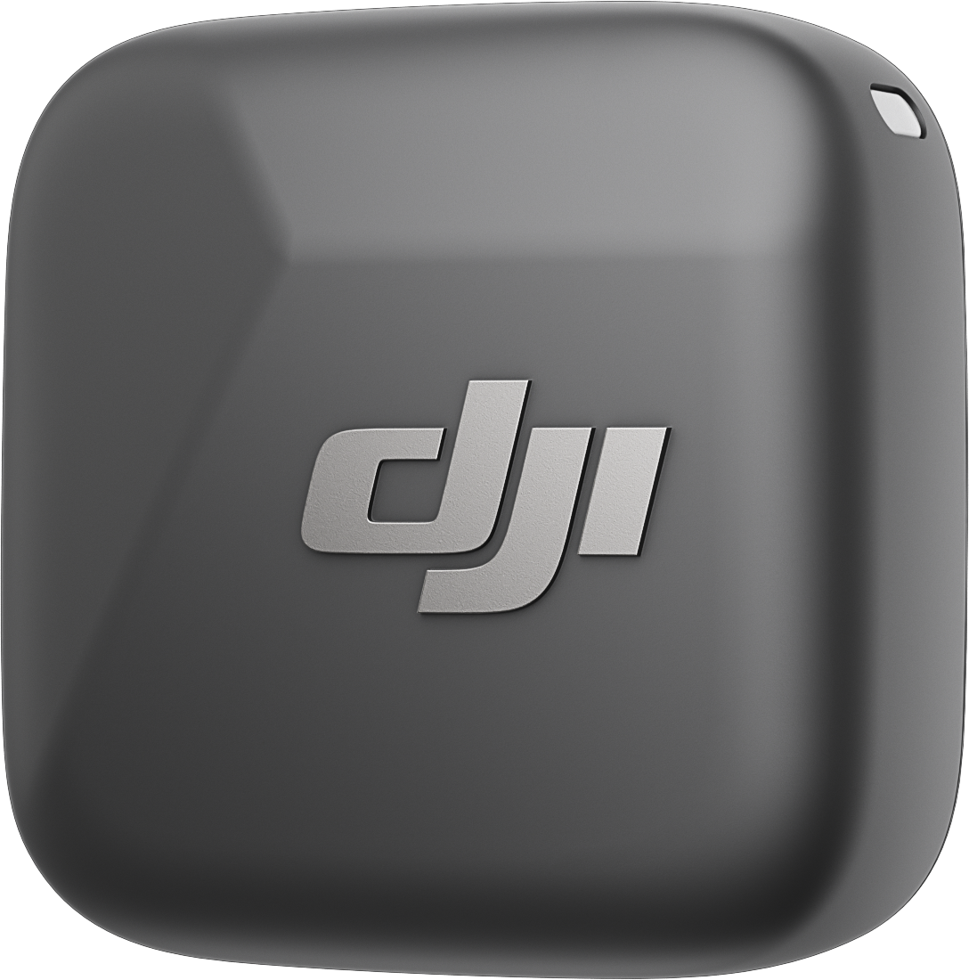 Gros plan d'un produit DJI gris foncé avec le logo DJI, sur fond noir.
