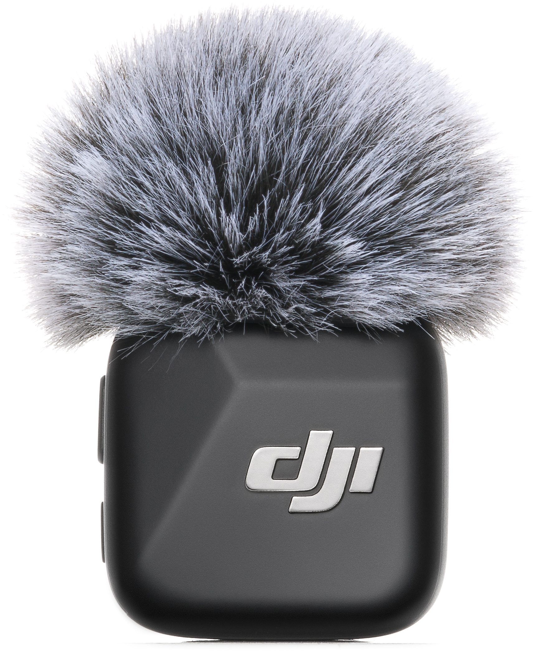 Microphone DJI avec bonnette. Corps noir avec logo DJI.