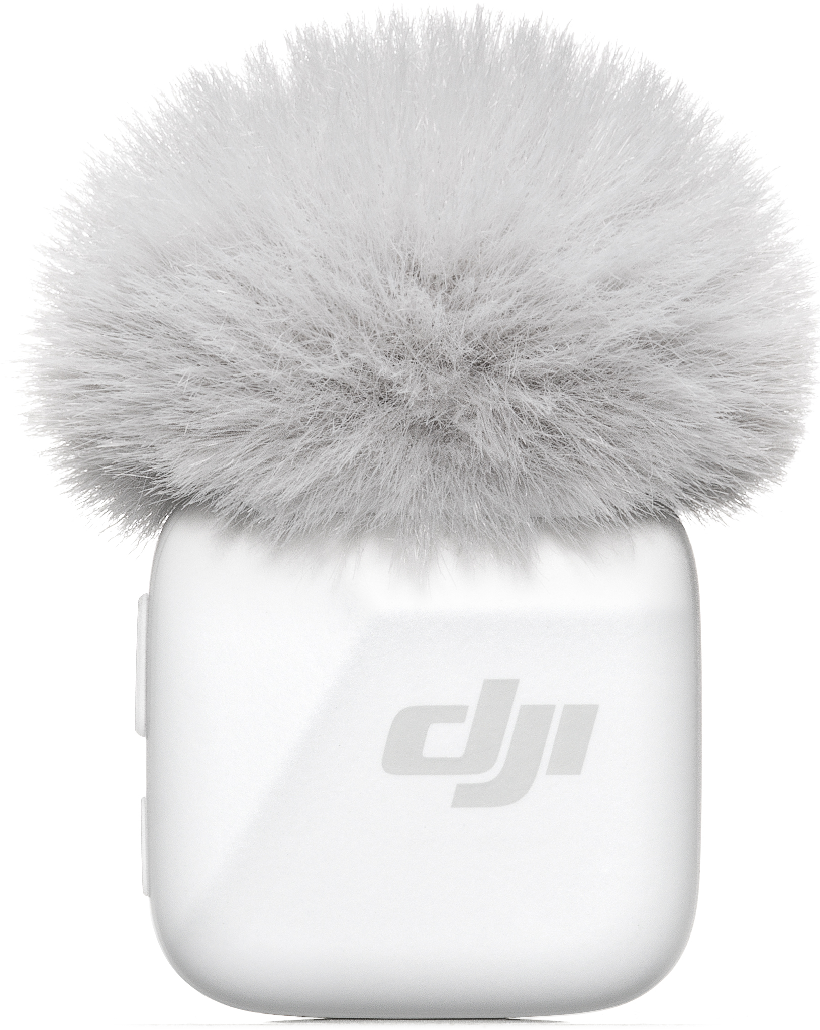 Microphone blanc avec une bonnette grise et duveteuse. Le logo de la marque est visible.