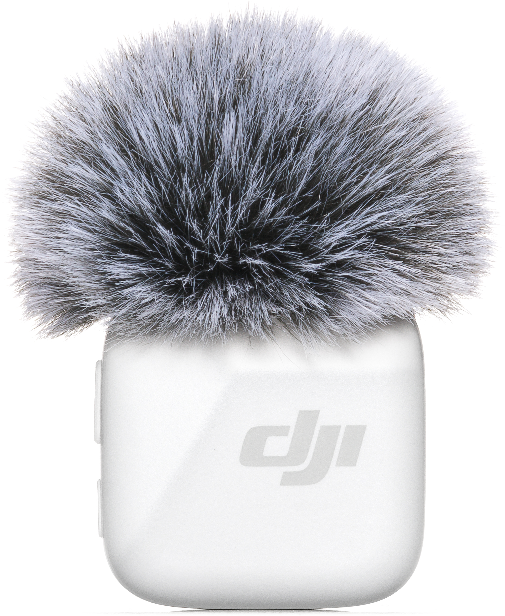 Microphone rectangulaire blanc avec une housse grise et poilue. Le logo de la marque est visible. Fond blanc.