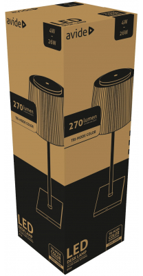 Doboz LED asztali lámpával, barna és fekete színek, ferde nézet.