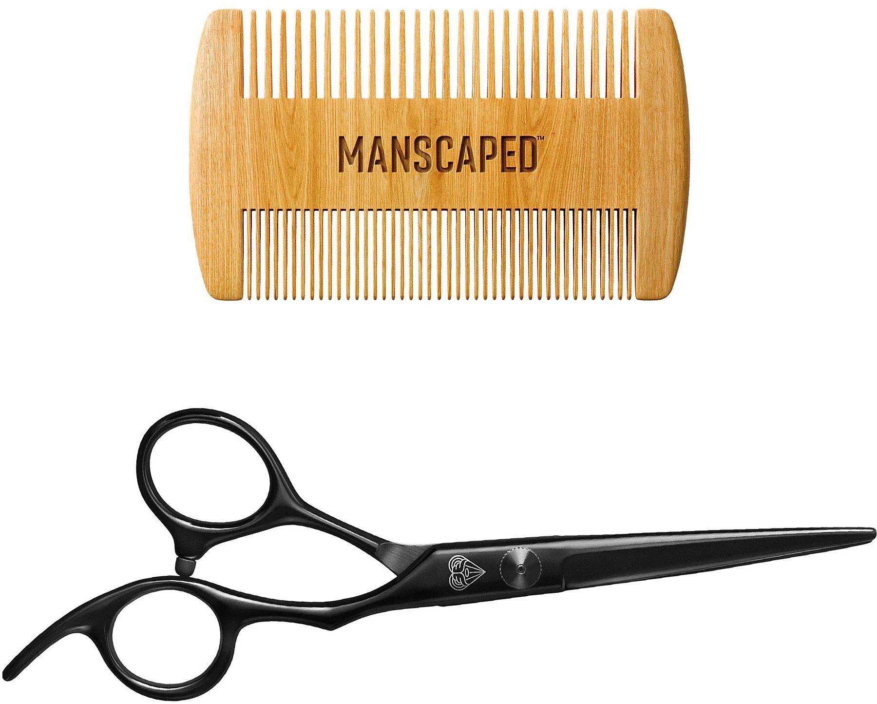 Peigne à barbe en bois et ciseaux noirs sur fond blanc, les deux articles de toilettage.