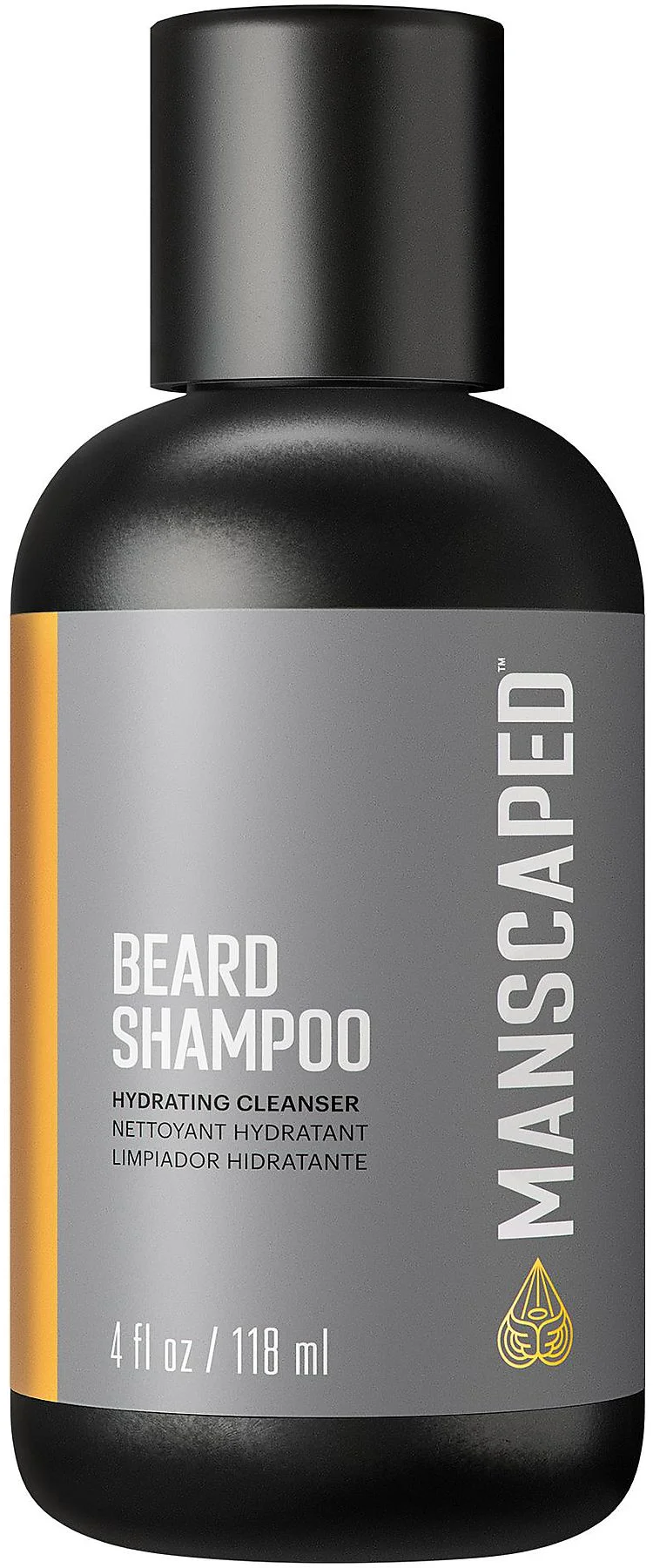 Flacon noir de shampoing à barbe avec une étiquette grise.