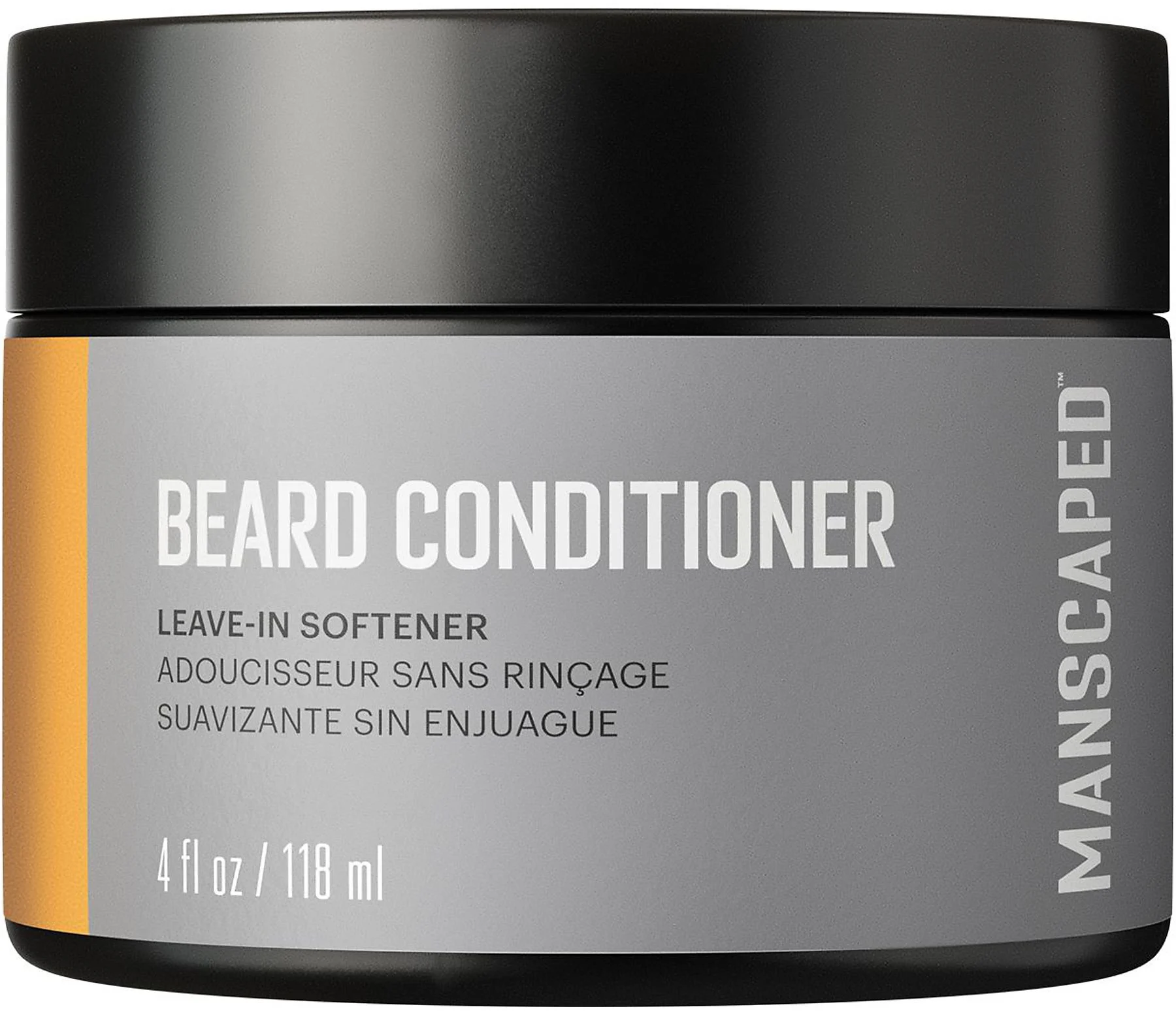 Un pot de conditionneur à barbe avec texte sur le devant, étiquette grise et accent jaune.