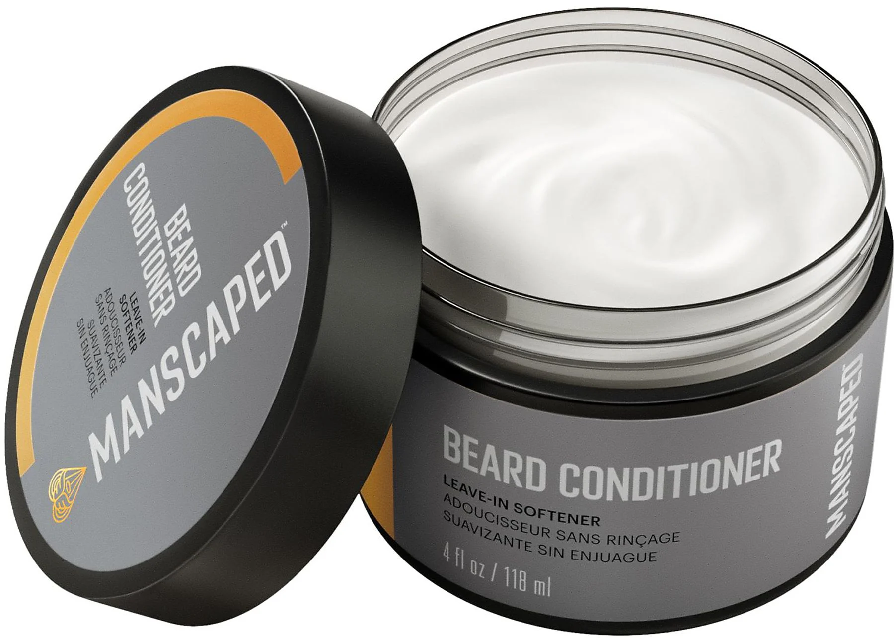 Pot ouvert de revitalisant pour barbe Manscaped, avec le couvercle à côté, sur une surface blanche.