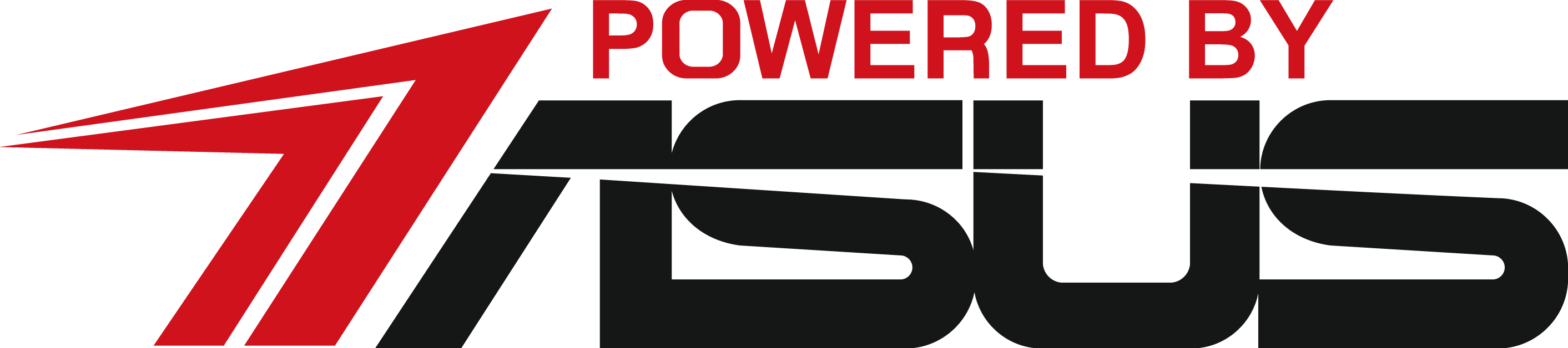 Az ASUS logó fekete és piros színben, felette a 'POWERED BY' felirattal, fekete háttéren.