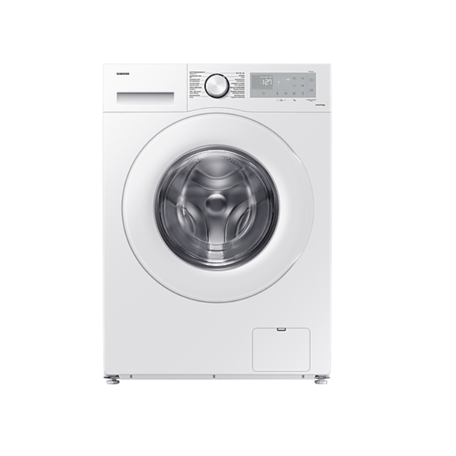 Un lave-linge blanc avec une porte circulaire et un panneau d'affichage numérique.