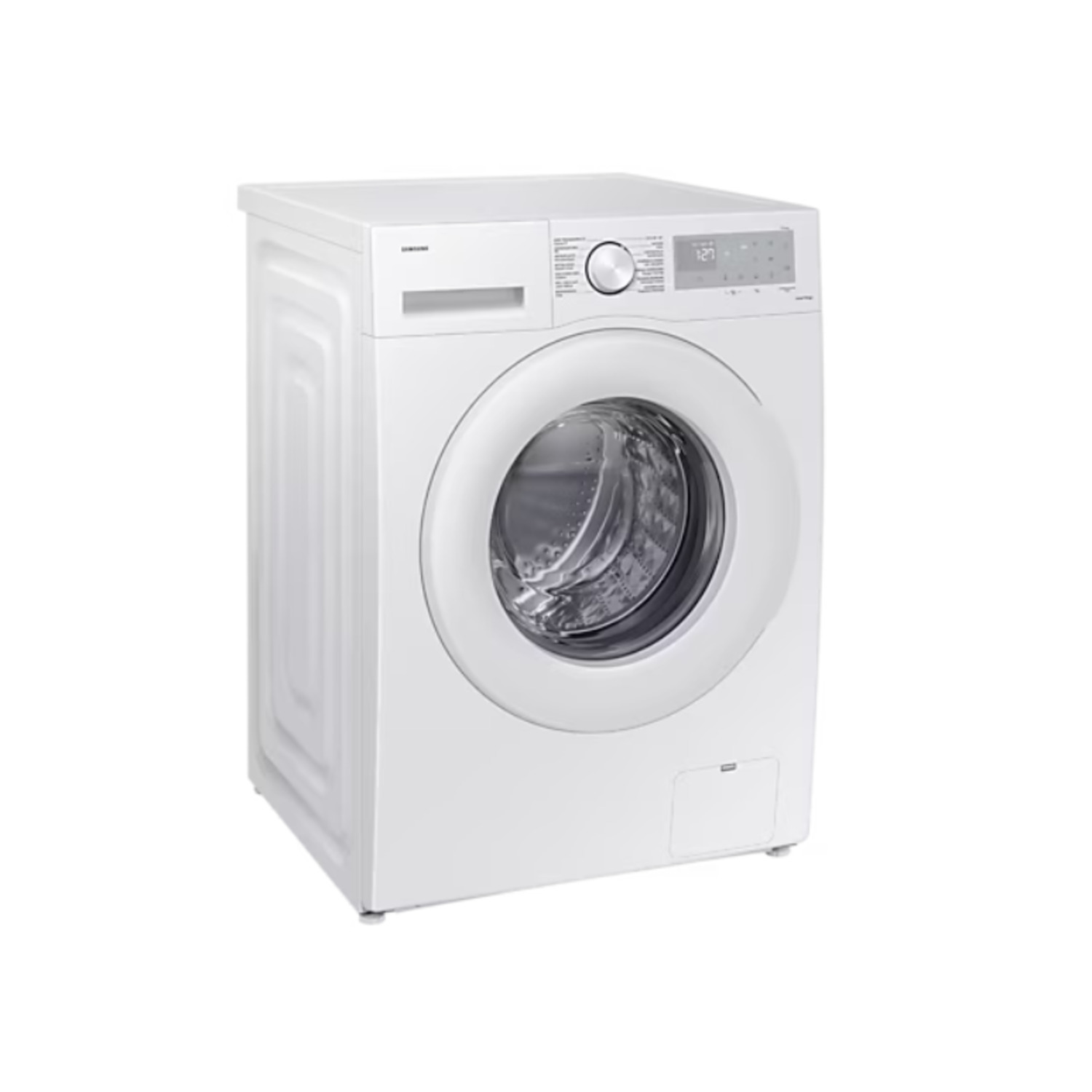 Un lave-linge blanc, avec une porte arrondie, est isolé sur fond blanc.