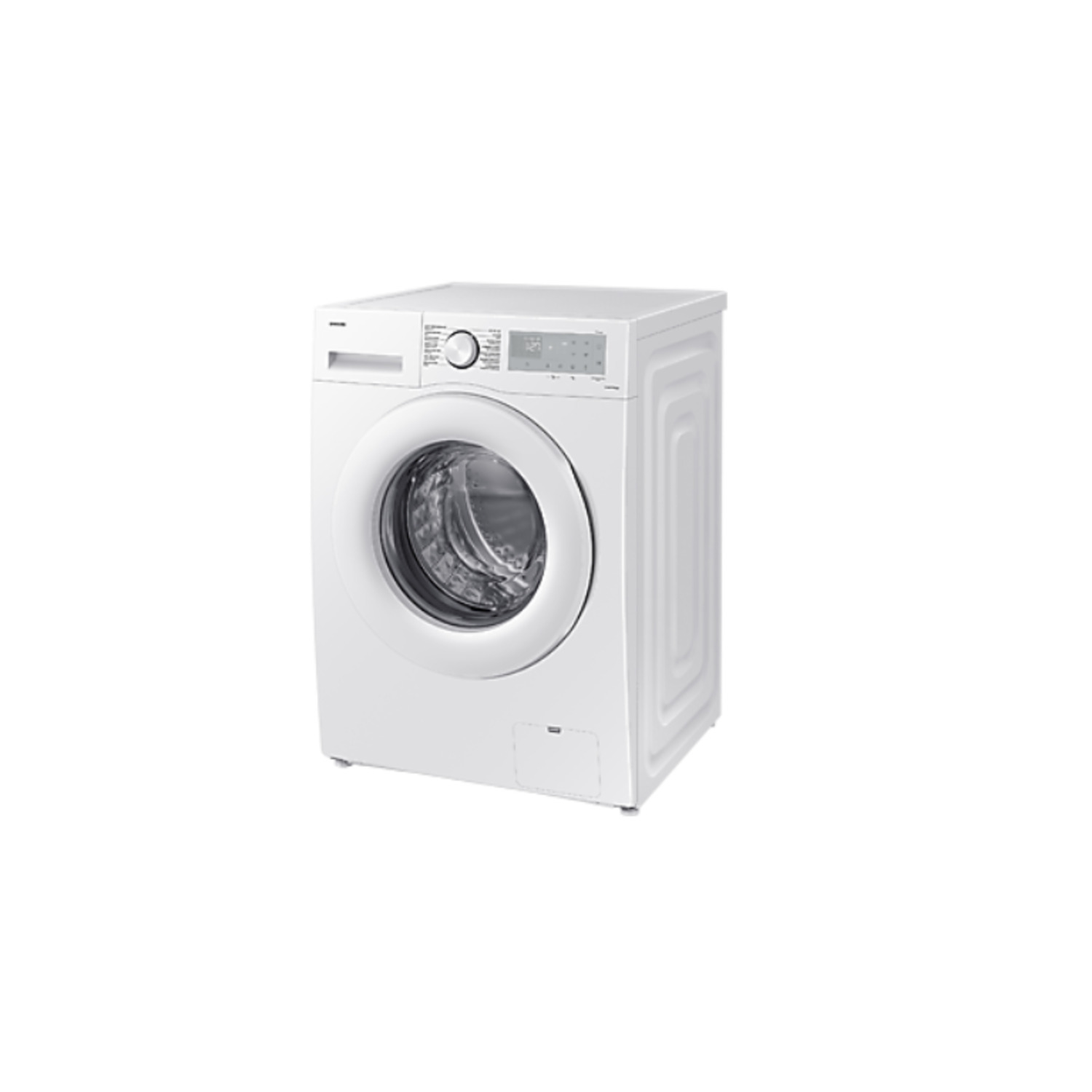 Lave-linge blanc sur fond blanc.