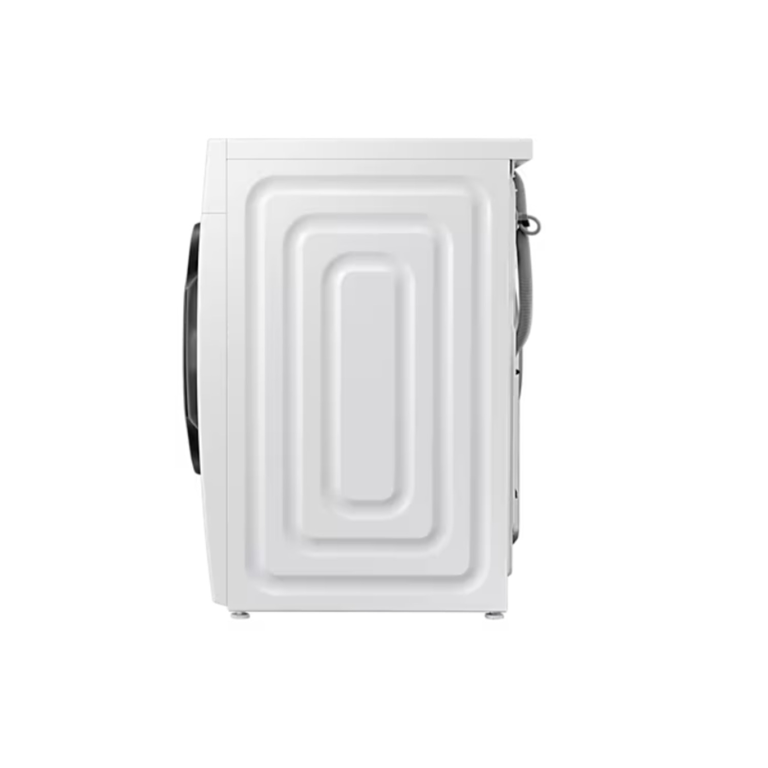 Lave-linge blanc, vue latérale. Il a une porte rectangulaire et un panneau arrière texturé.