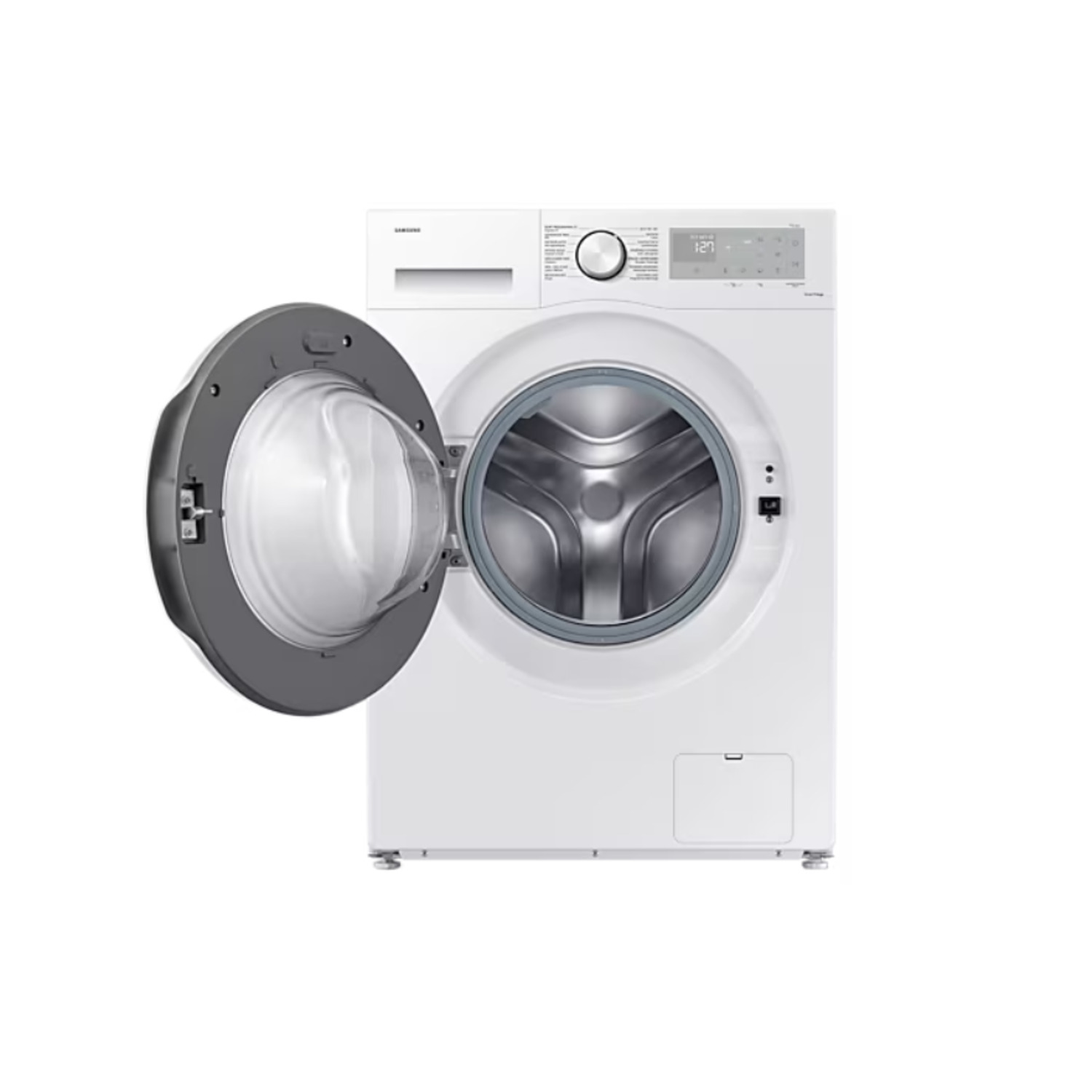 Un réfrigérateur LG argenté avec quatre portes. Le distributeur d'eau est visible.
