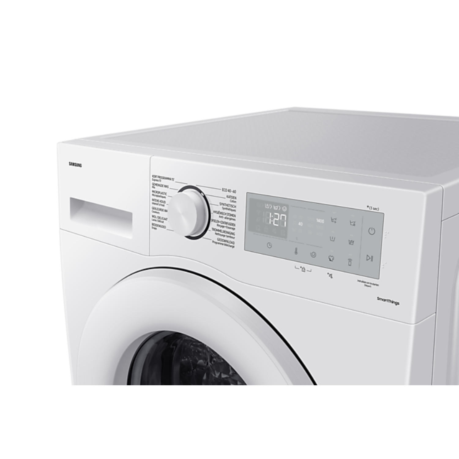 Un lave-linge blanc avec un panneau de commande. Le panneau possède un cadran et un affichage numérique. Logo Samsung visible.