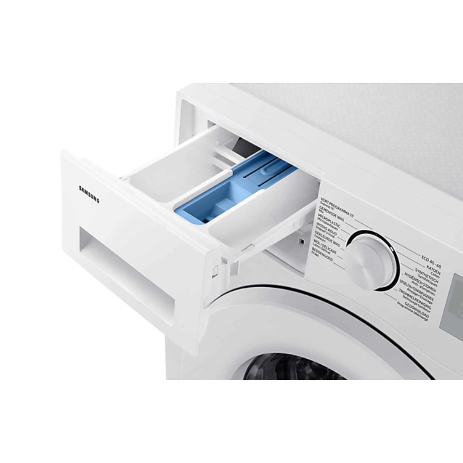 Un lave-linge avec le tiroir à détergent ouvert.