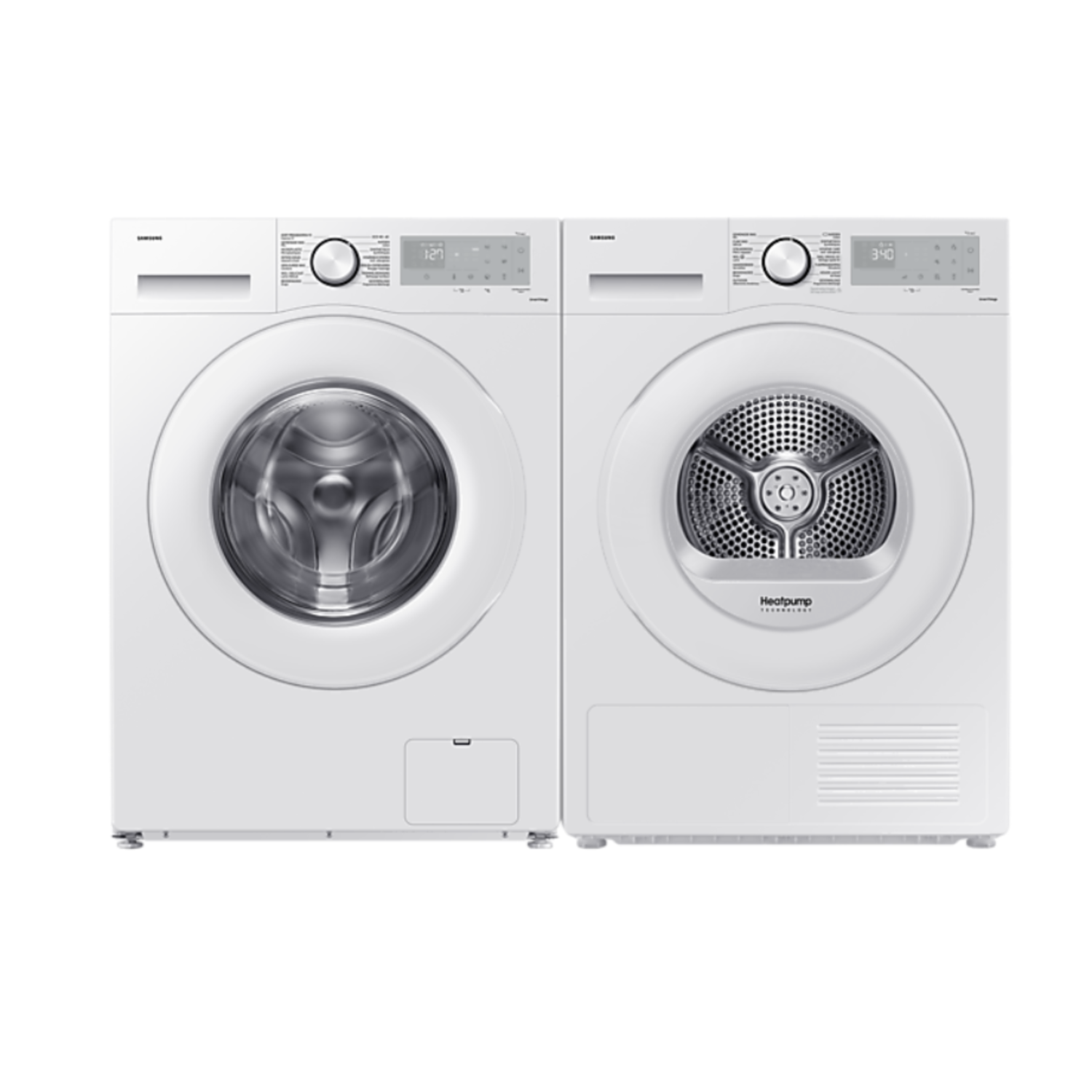 Lave-linge et sèche-linge blancs côte à côte.
