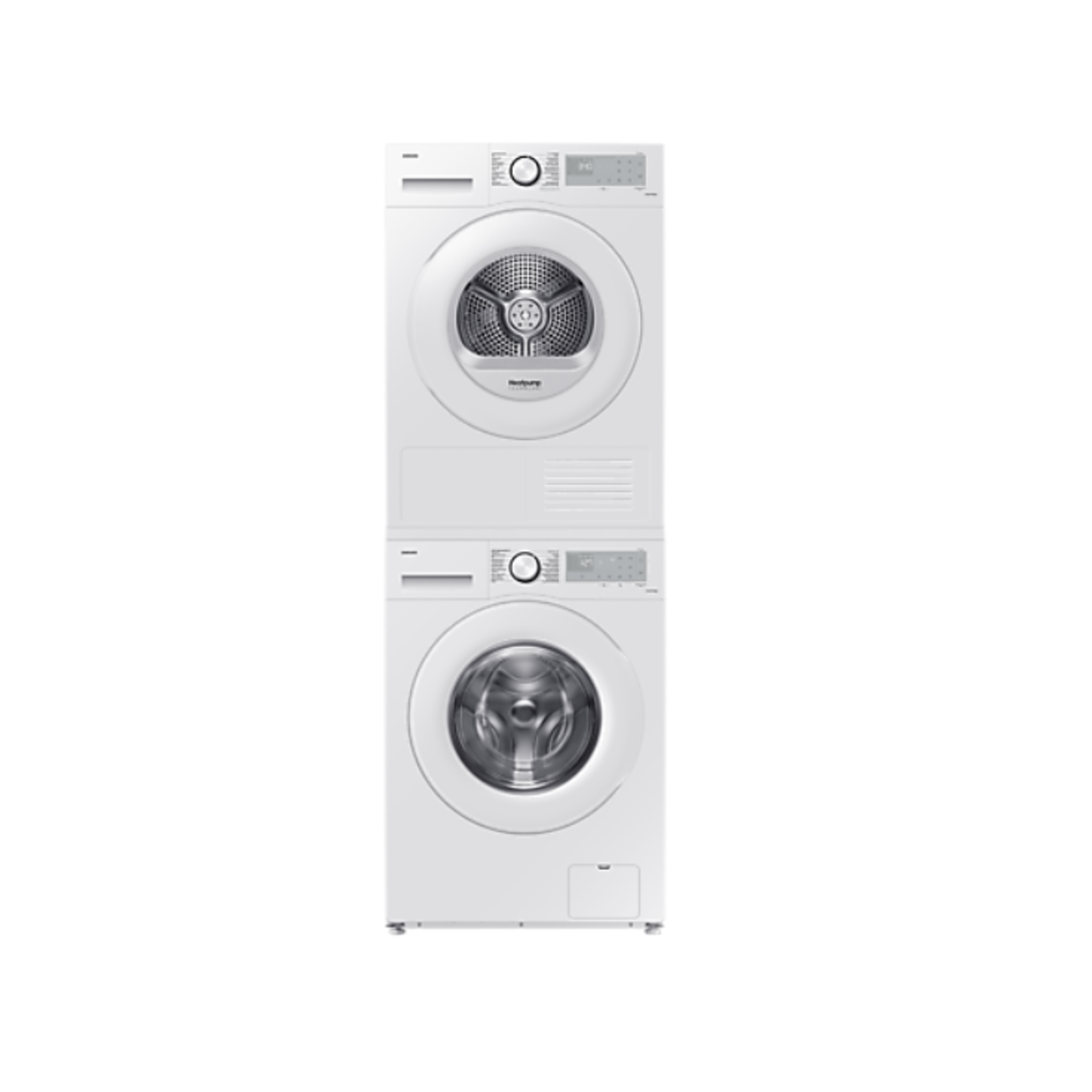Lave-linge et sèche-linge Samsung blancs empilés. Vue de face des appareils.