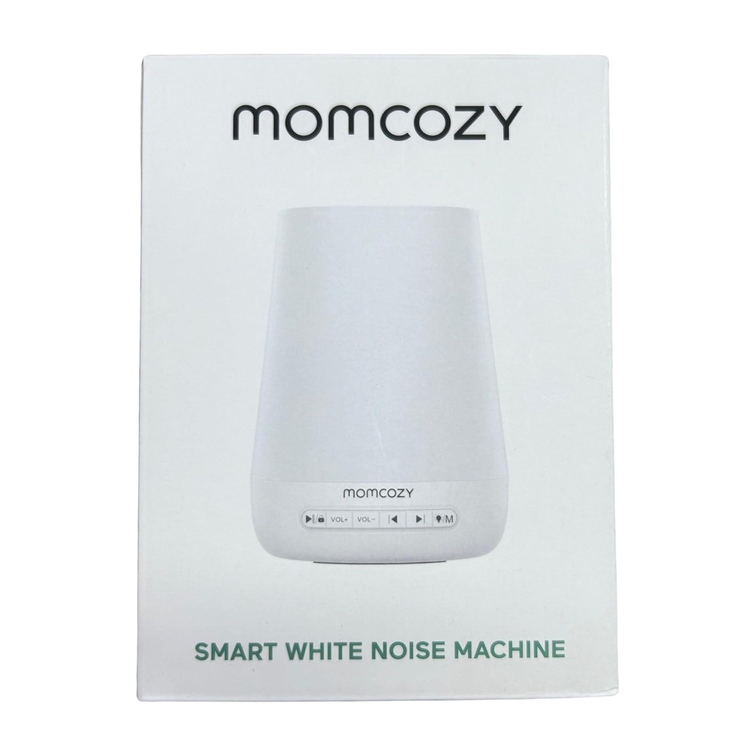 Scatola bianca con 'momcozy', all'interno una macchina del rumore bianco.