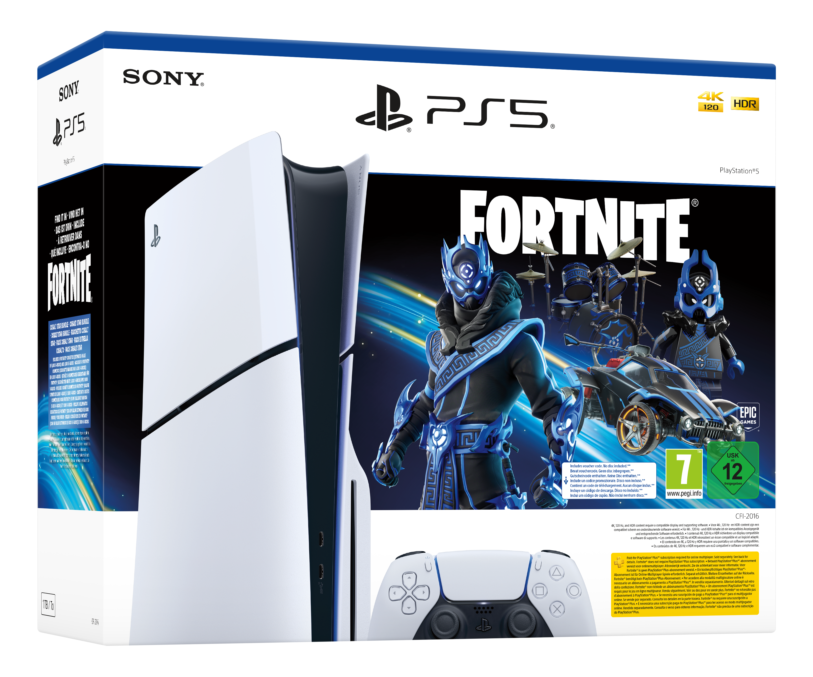 PS5-Konsolenbox, Fortnite-Spielgrafik, Controller. Weiße Konsole mit schwarzen Akzenten, Controller weiß.