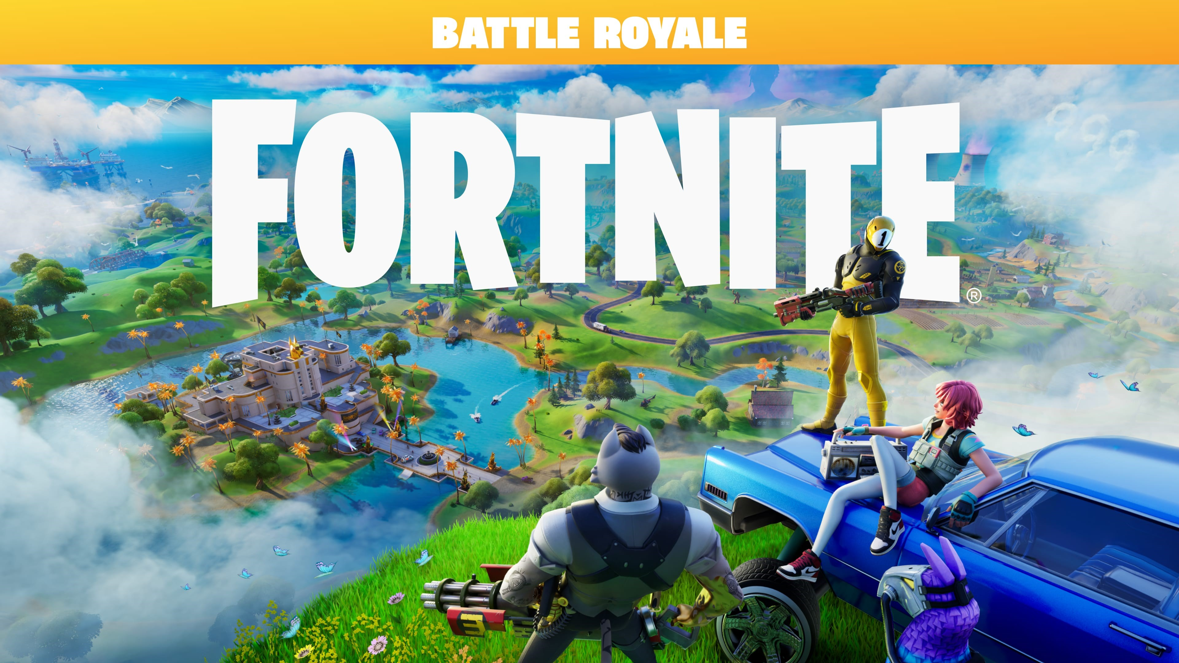 Fortnite Spielszene mit Charakteren, blauem Auto und Landschaft. Battle Royale Text.