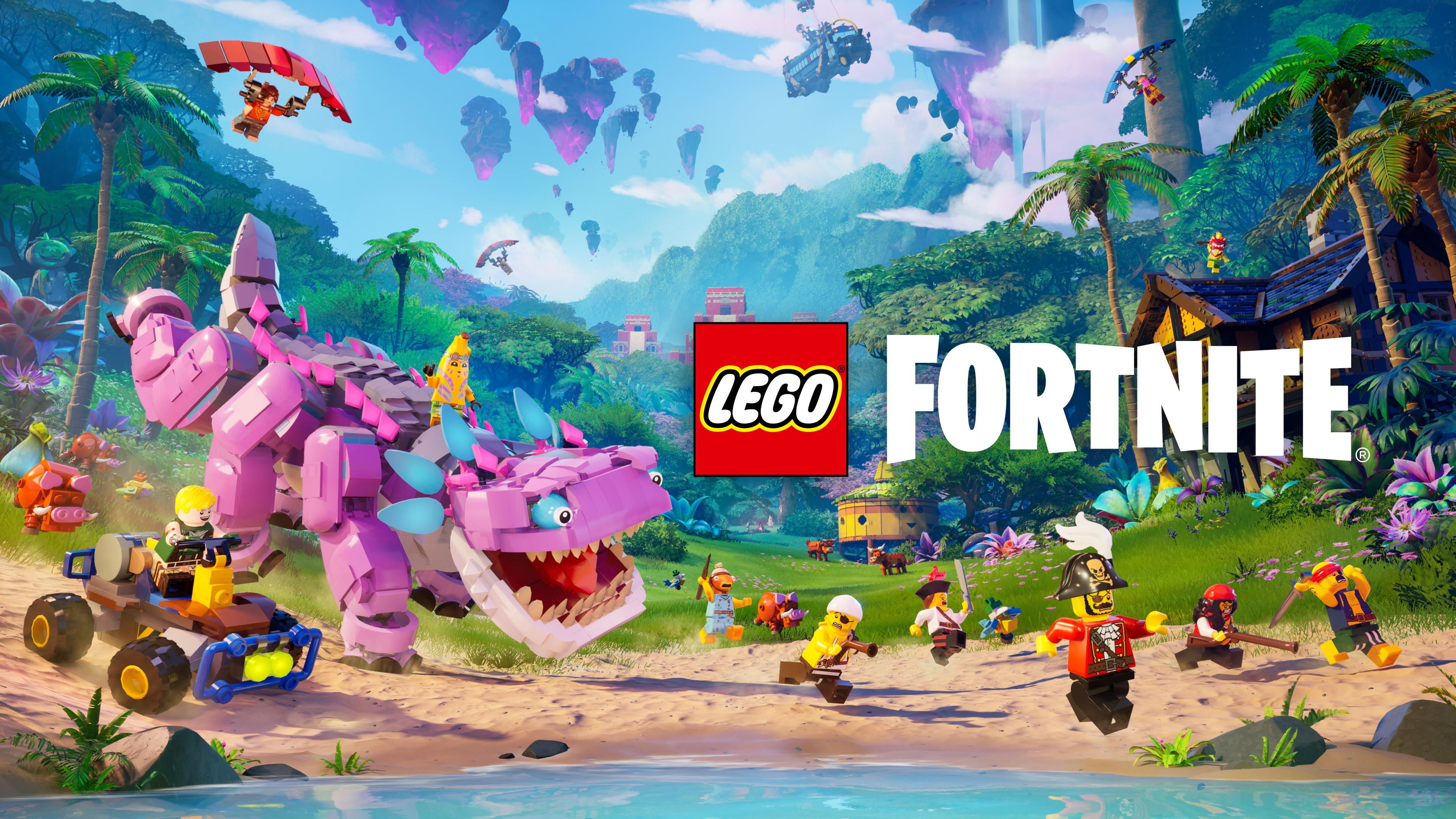 Eine LEGO Fortnite Szene mit einem Dinosaurier, Personen und den LEGO- und Fortnite-Logos.