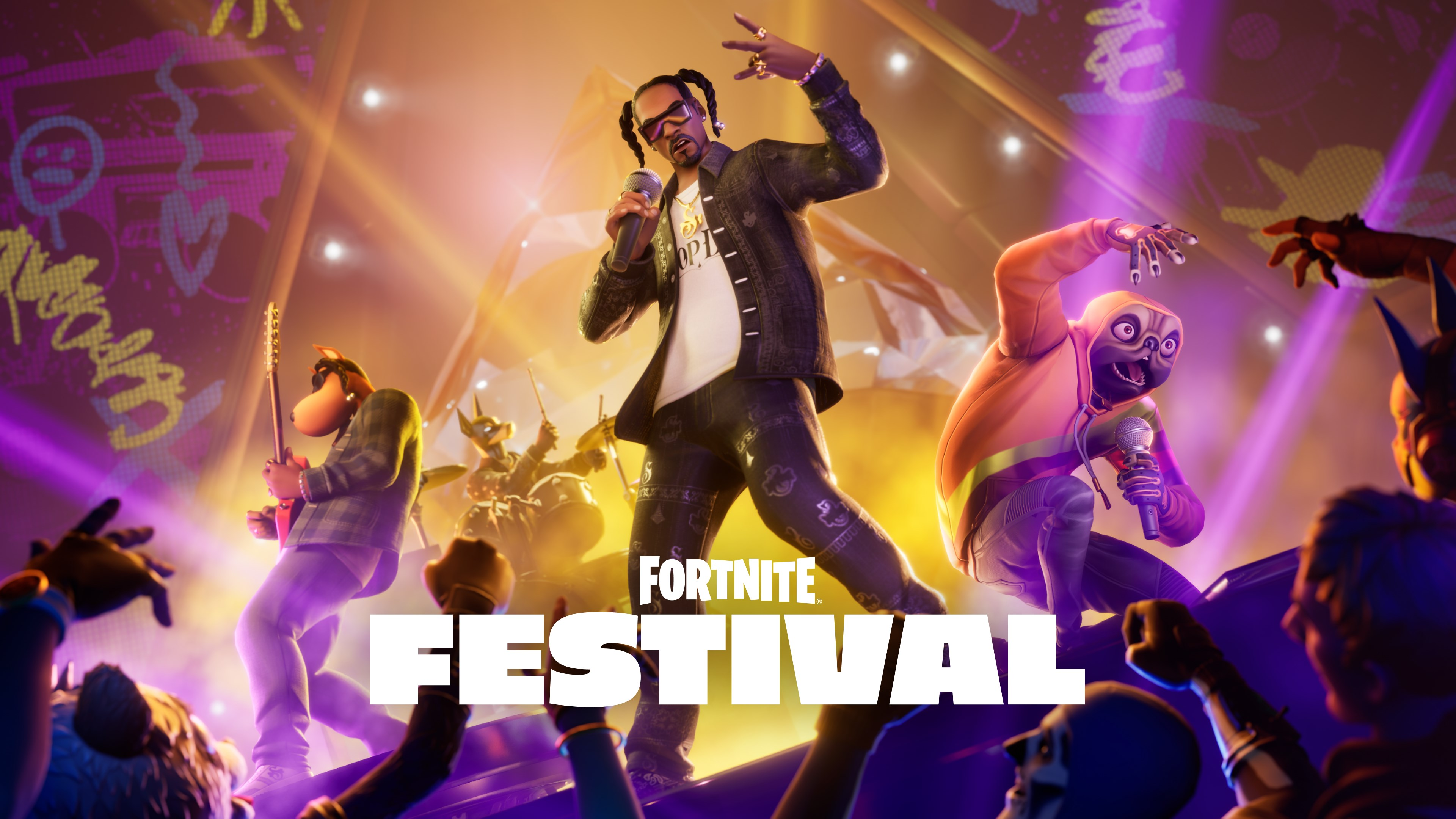 Snoop Dogg tritt mit anderen Charakteren in einer Fortnite Festival-Werbung auf der Bühne auf.