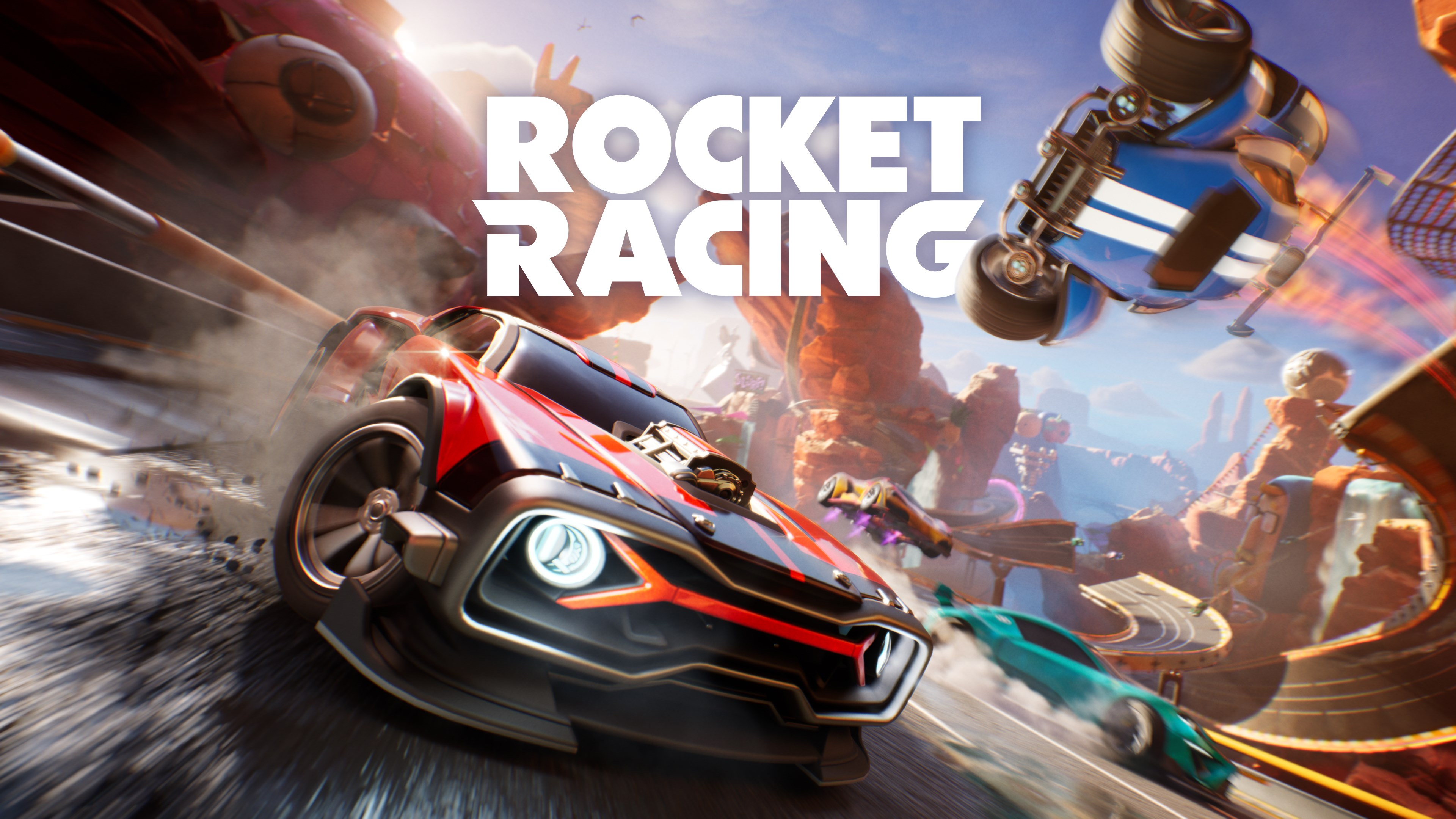 Rocket Racing-Spielbild mit Autos im Rennen. Rote und blaue Autos auf einer Wüstenstrecke.