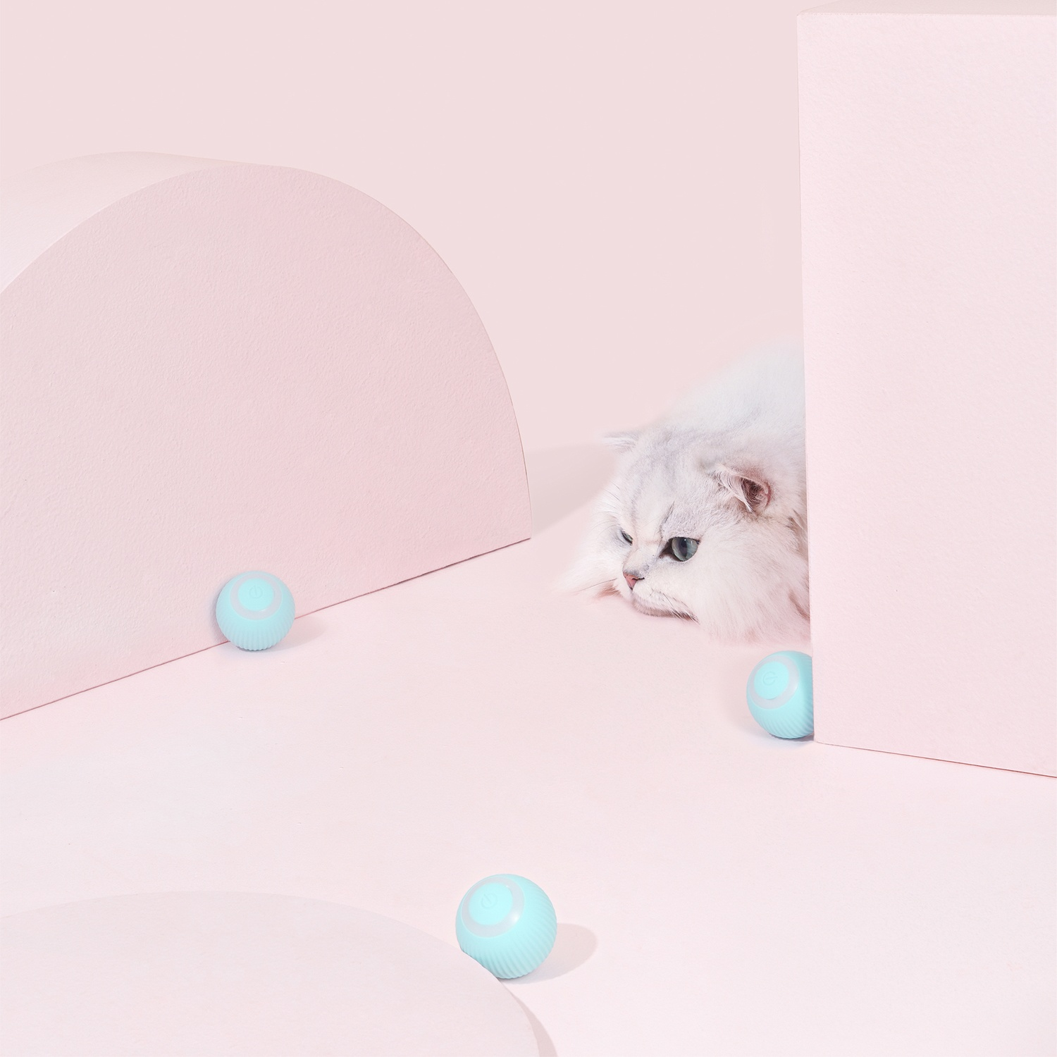 Un gatto bianco guarda delle palline blu in una stanza dai toni rosa con forme astratte.