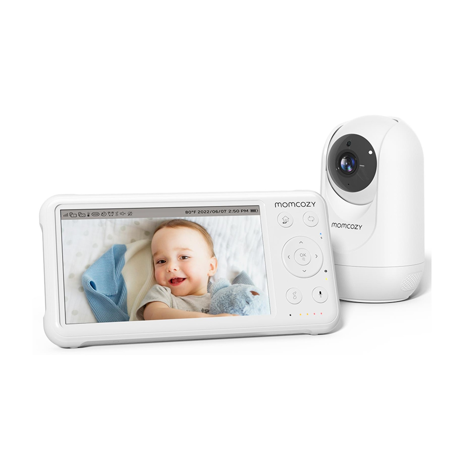 Baby monitor con schermo che mostra un bambino e una telecamera.