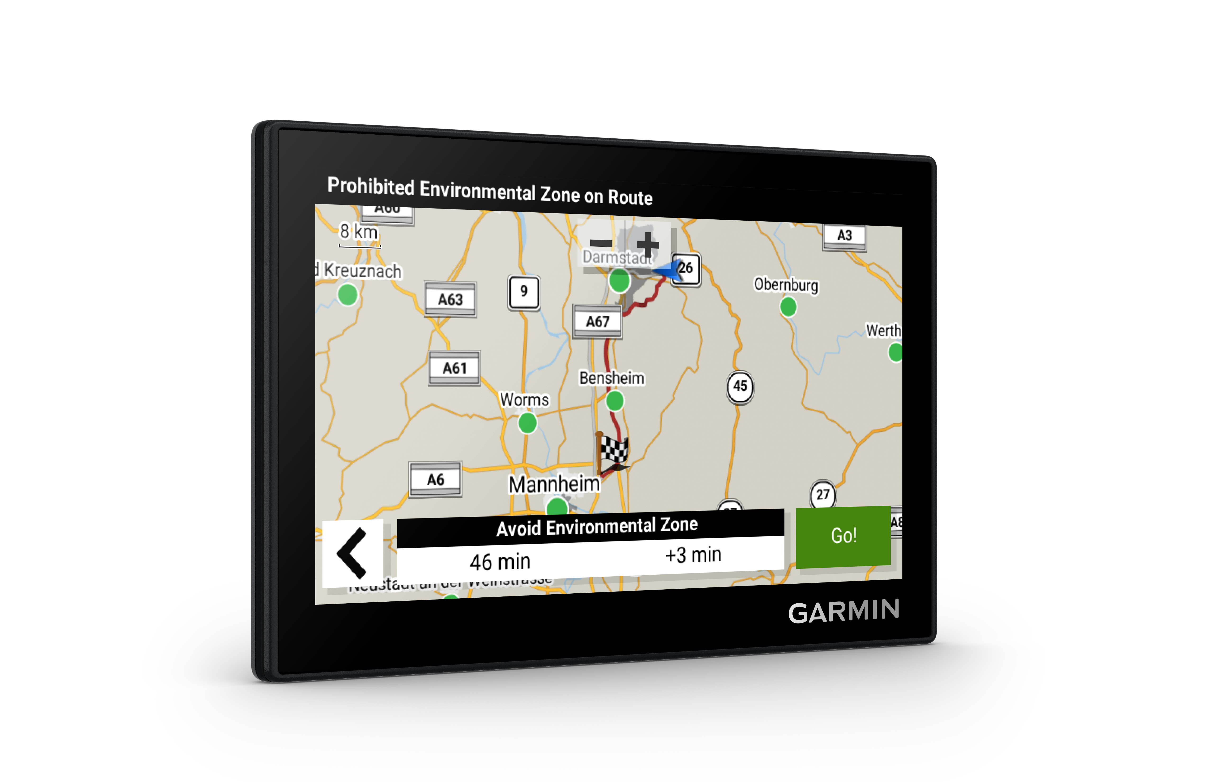 GPS-Gerät zeigt Karte mit Route. Text weist auf Vermeidung einer Zone hin.