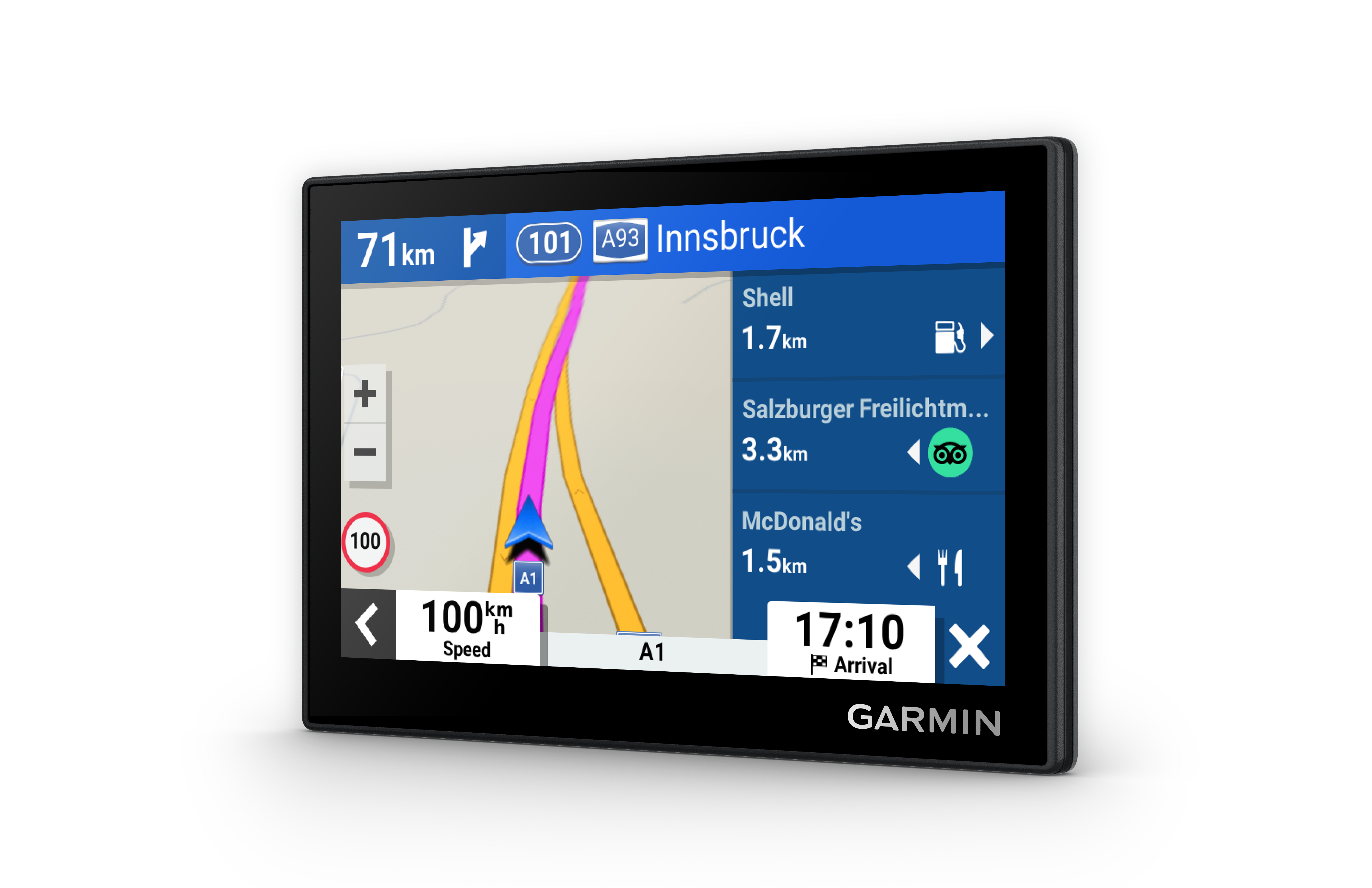 Ein GPS-Navigationsgerät-Bildschirm. Es zeigt eine Karte, Geschwindigkeit, Entfernung und Ankunftszeit an.