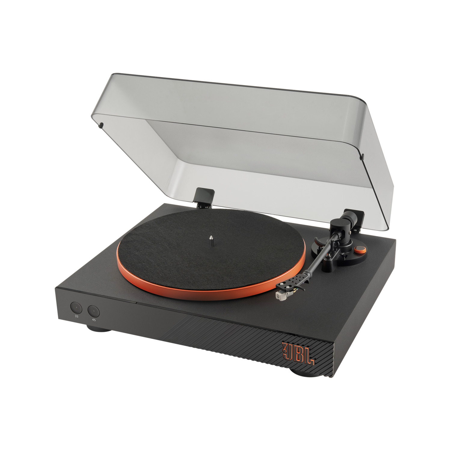 Een zwarte platenspeler met oranje details, transparante hoes en JBL-logo aan de voorkant.
